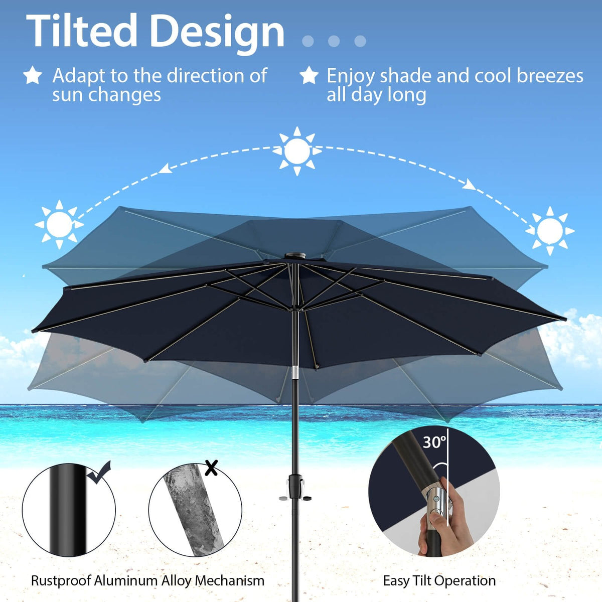 Parasol de terrasse de 3 m avec 112 lumières solaires et manivelle - Bleu marine