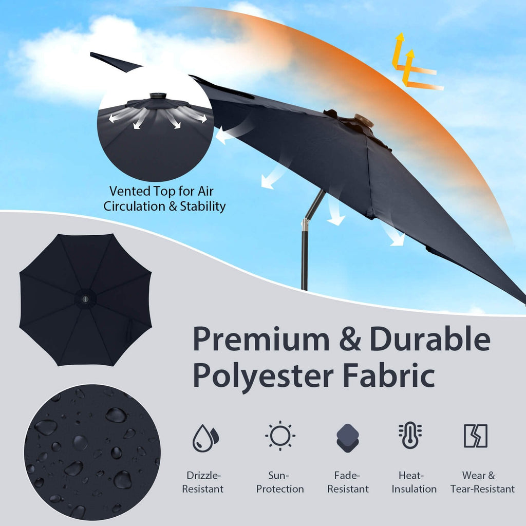 Parasol de terrasse de 3 m avec 112 lumières solaires et manivelle - Bleu marine