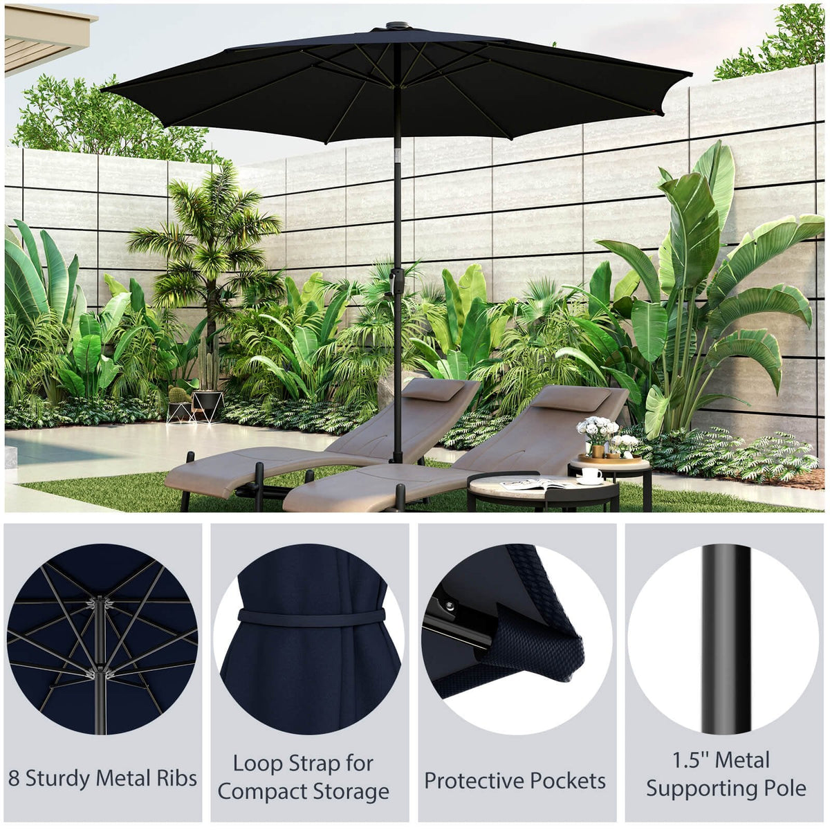 Parasol de terrasse de 3 m avec 112 lumières solaires et manivelle - Bleu marine