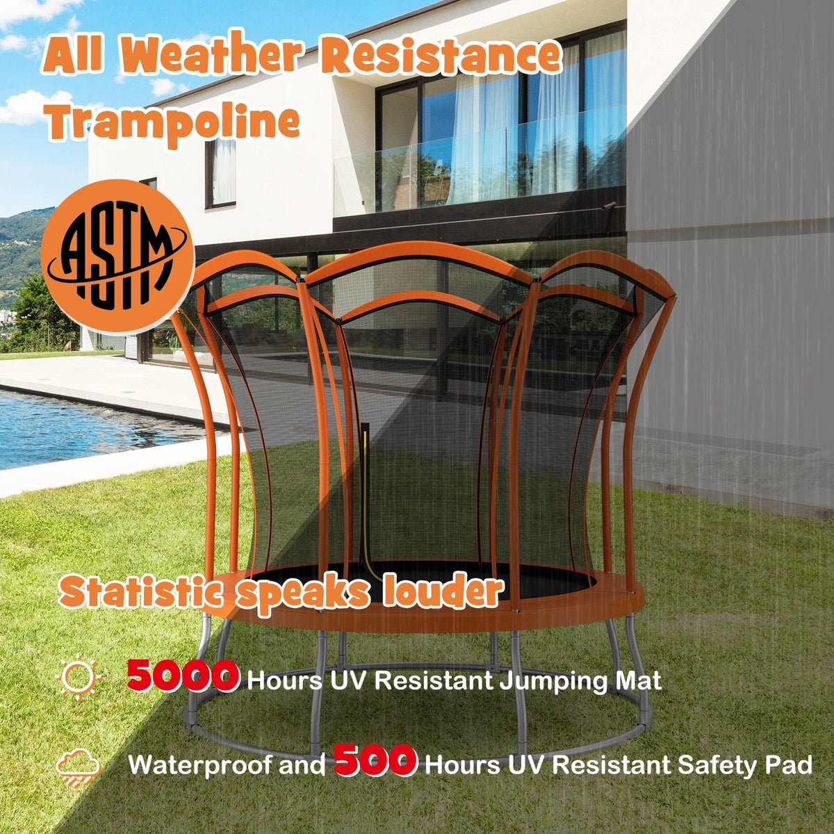 Trampoline de 10 pieds en forme de fleur unique avec cadre en acier galvanisé - Orange