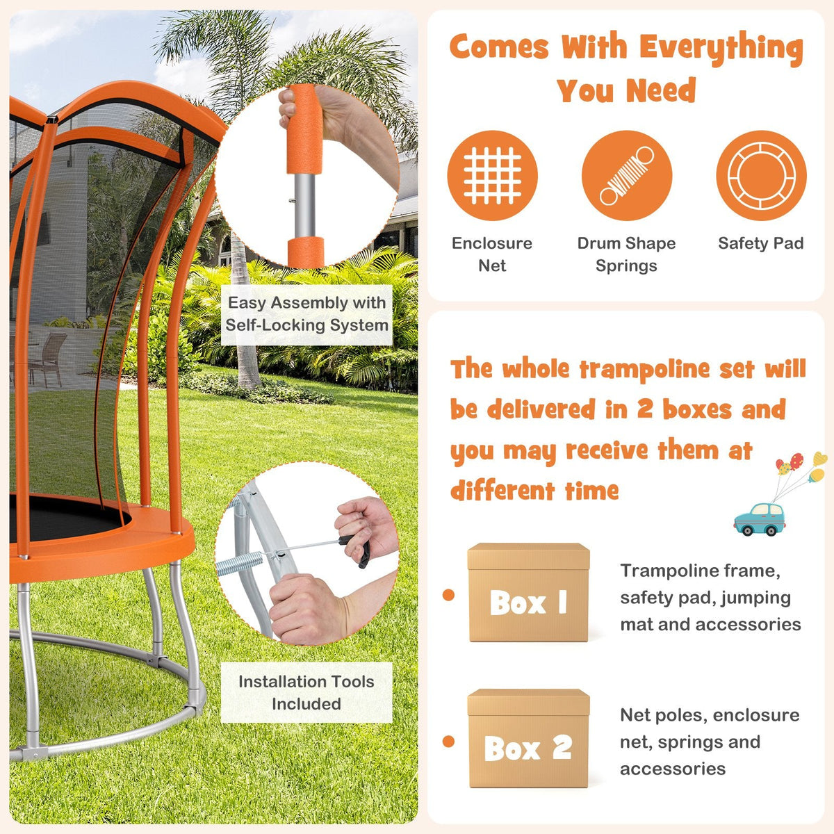 Trampoline de 10 pieds en forme de fleur unique avec cadre en acier galvanisé - Orange