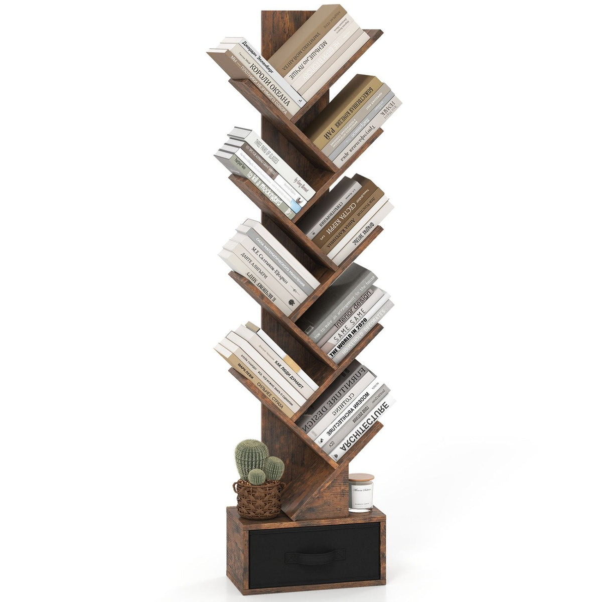 Bibliothèque en forme d’arbre à 10 niveaux avec tiroir en tissu, bibliothèque étroite, marron rustique