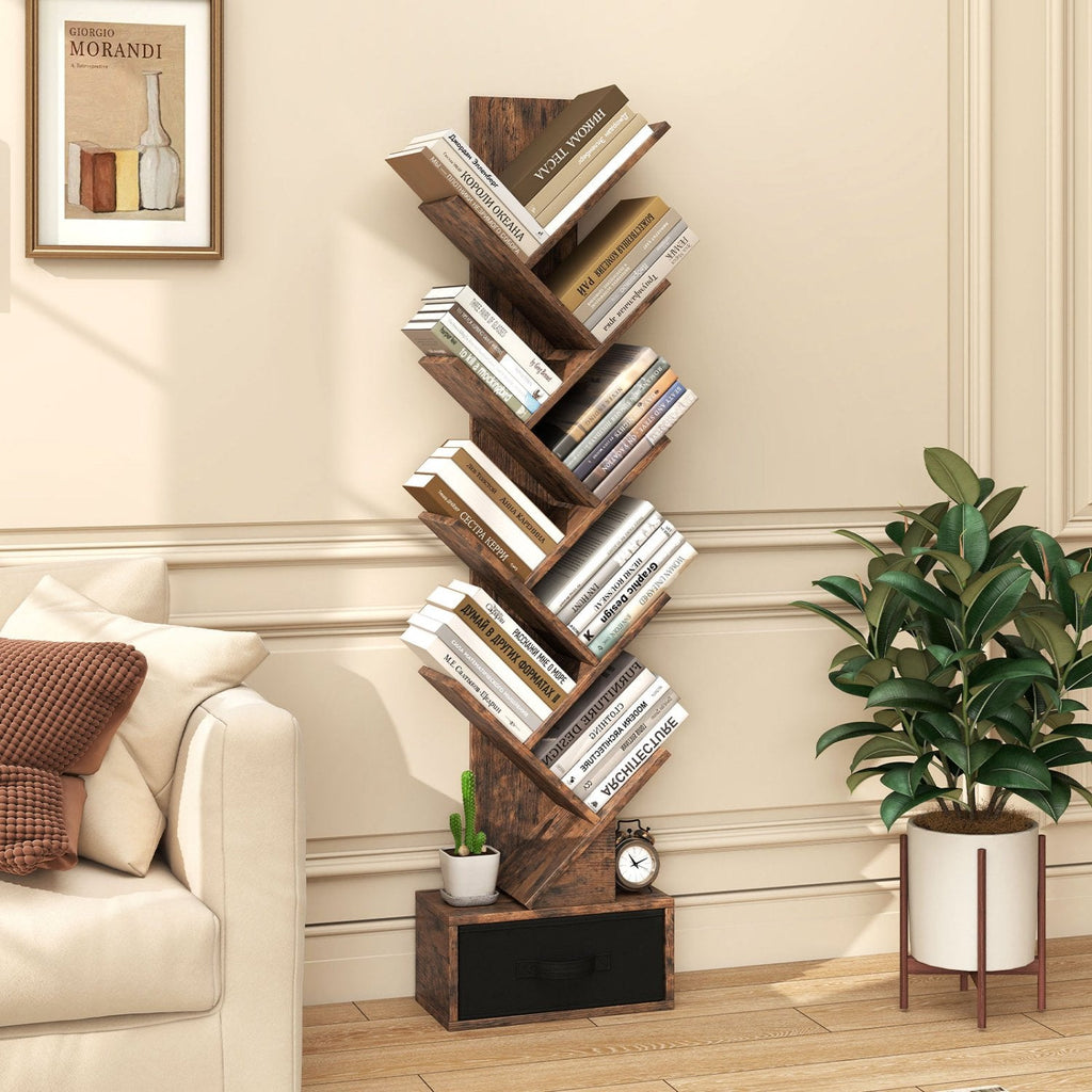 Bibliothèque en forme d’arbre à 10 niveaux avec tiroir en tissu, bibliothèque étroite, marron rustique