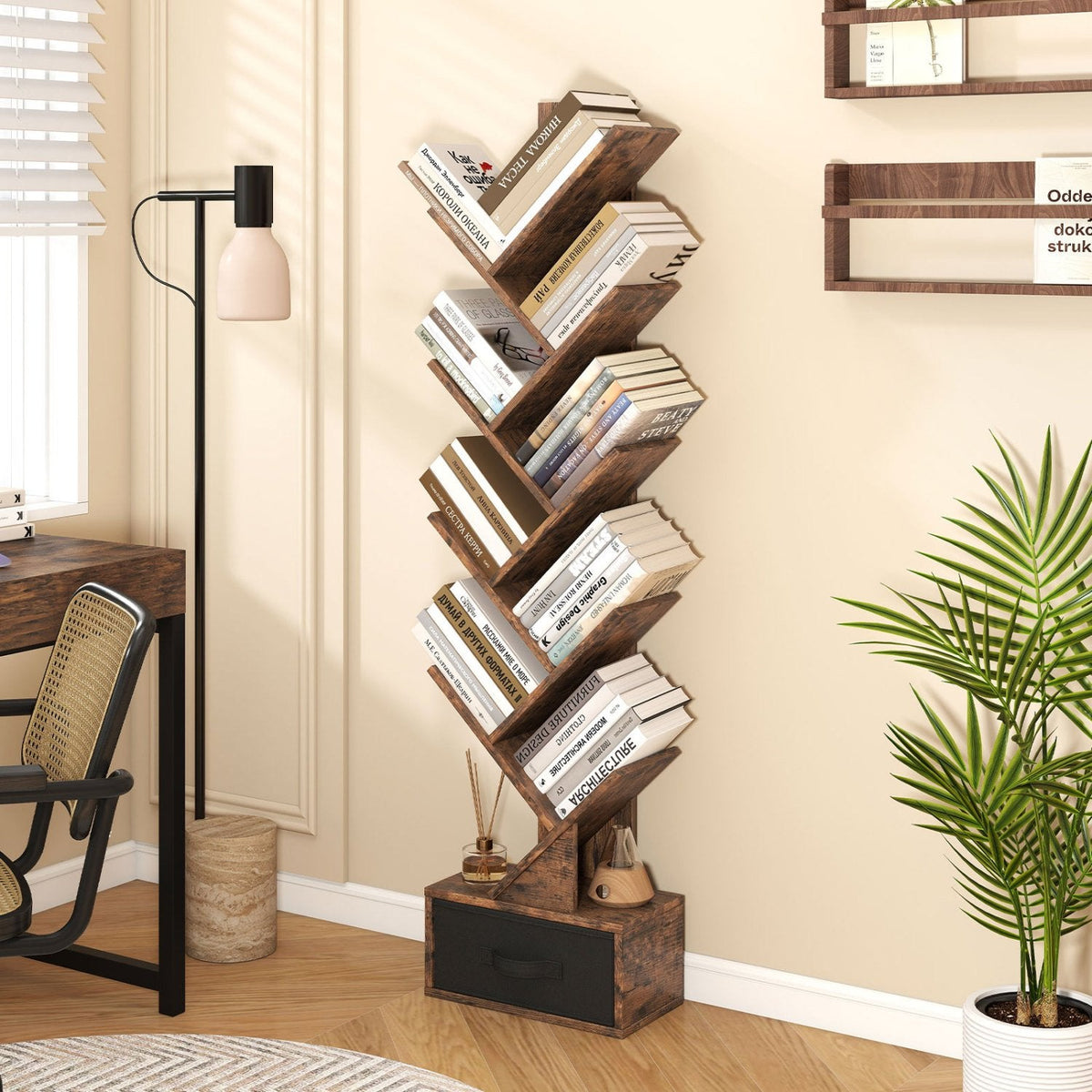 Bibliothèque en forme d’arbre à 10 niveaux avec tiroir en tissu, bibliothèque étroite, marron rustique