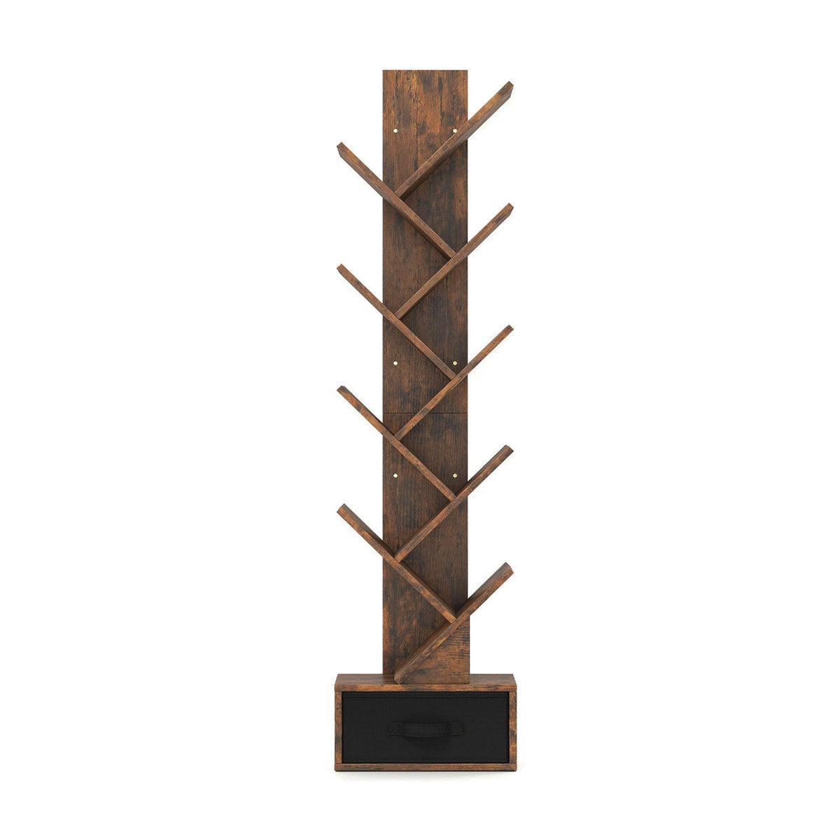 Bibliothèque en forme d’arbre à 10 niveaux avec tiroir en tissu, bibliothèque étroite, marron rustique