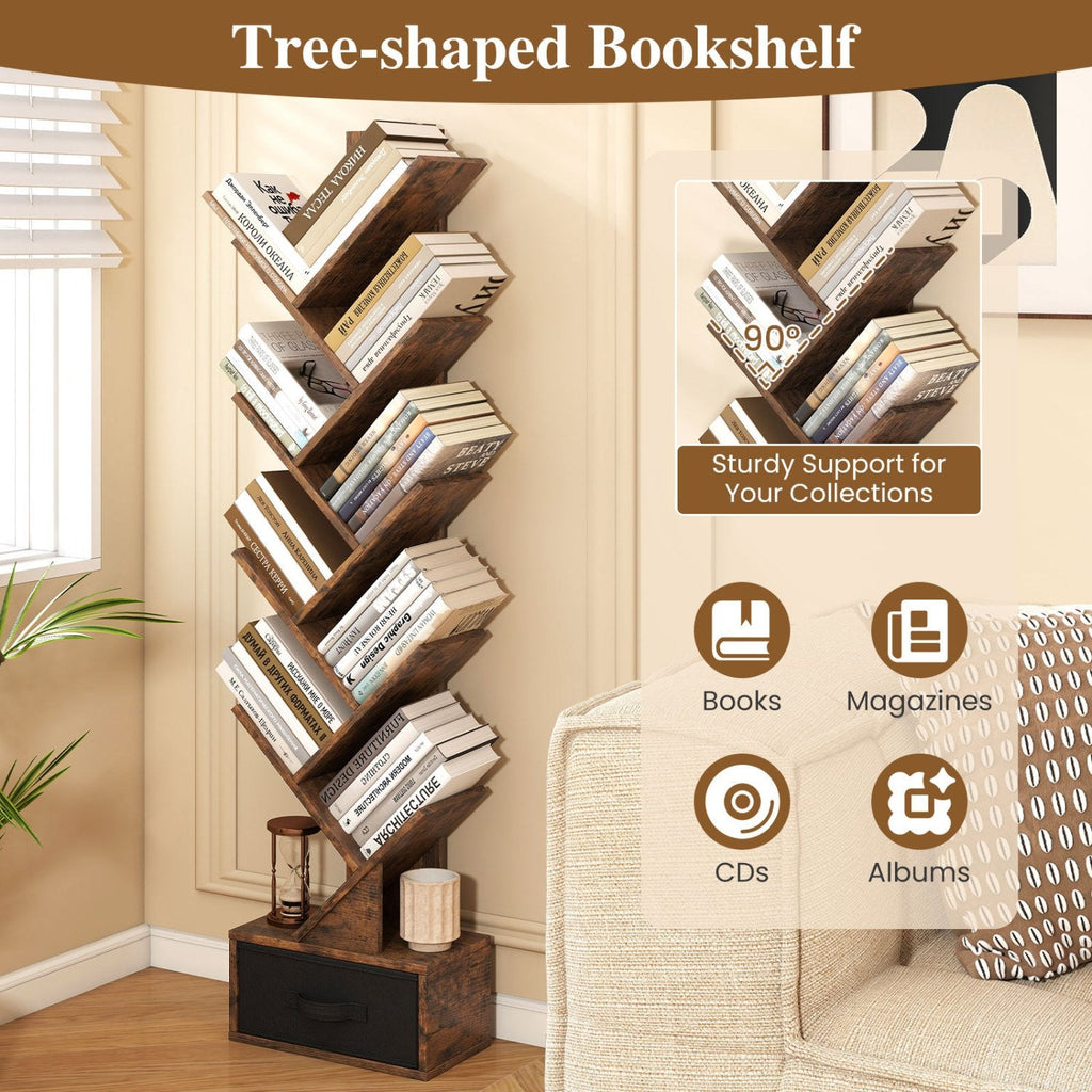 Bibliothèque en forme d’arbre à 10 niveaux avec tiroir en tissu, bibliothèque étroite, marron rustique