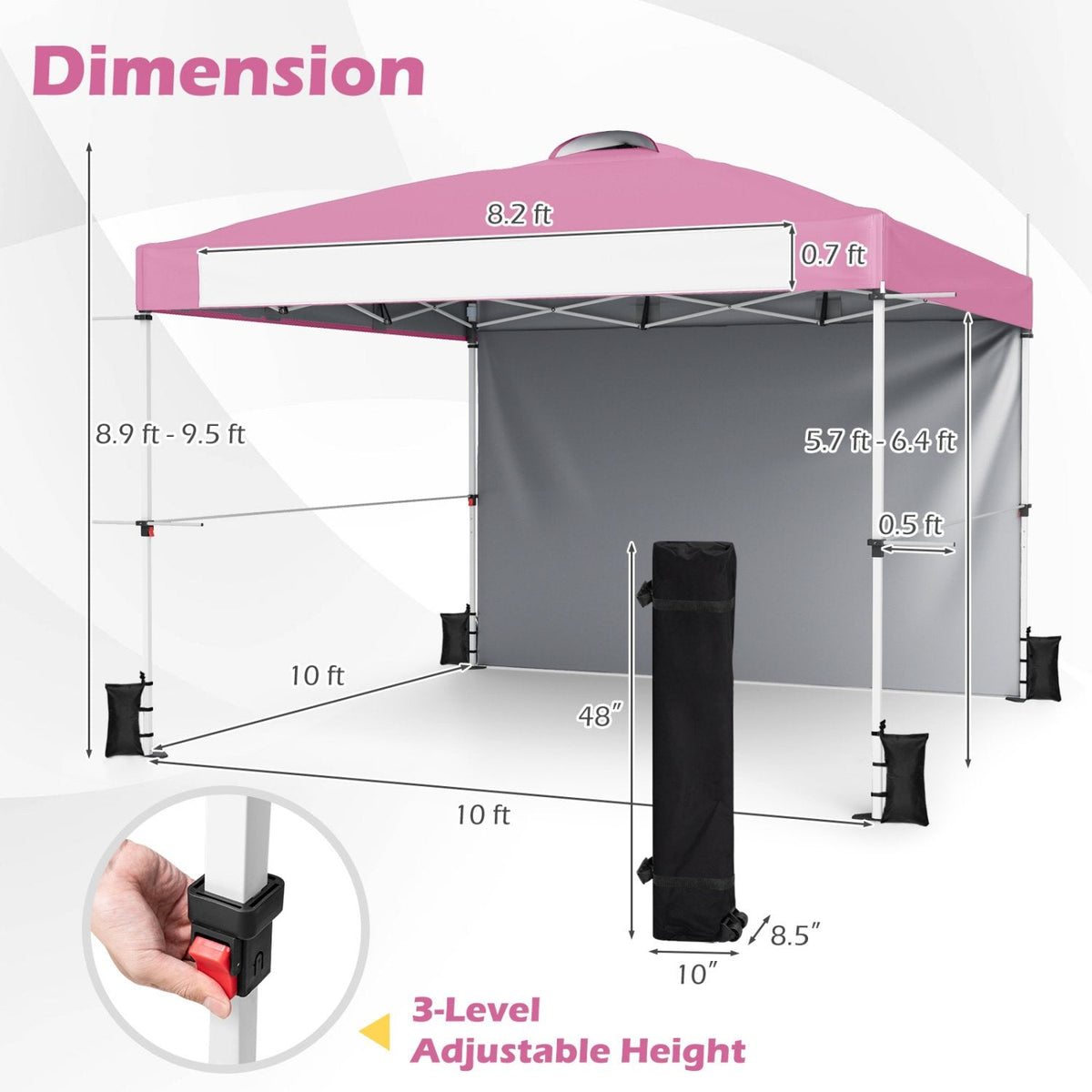Auvent escamotable commercial 3x3 m avec sac à roulettes et bande de bannière - Rose