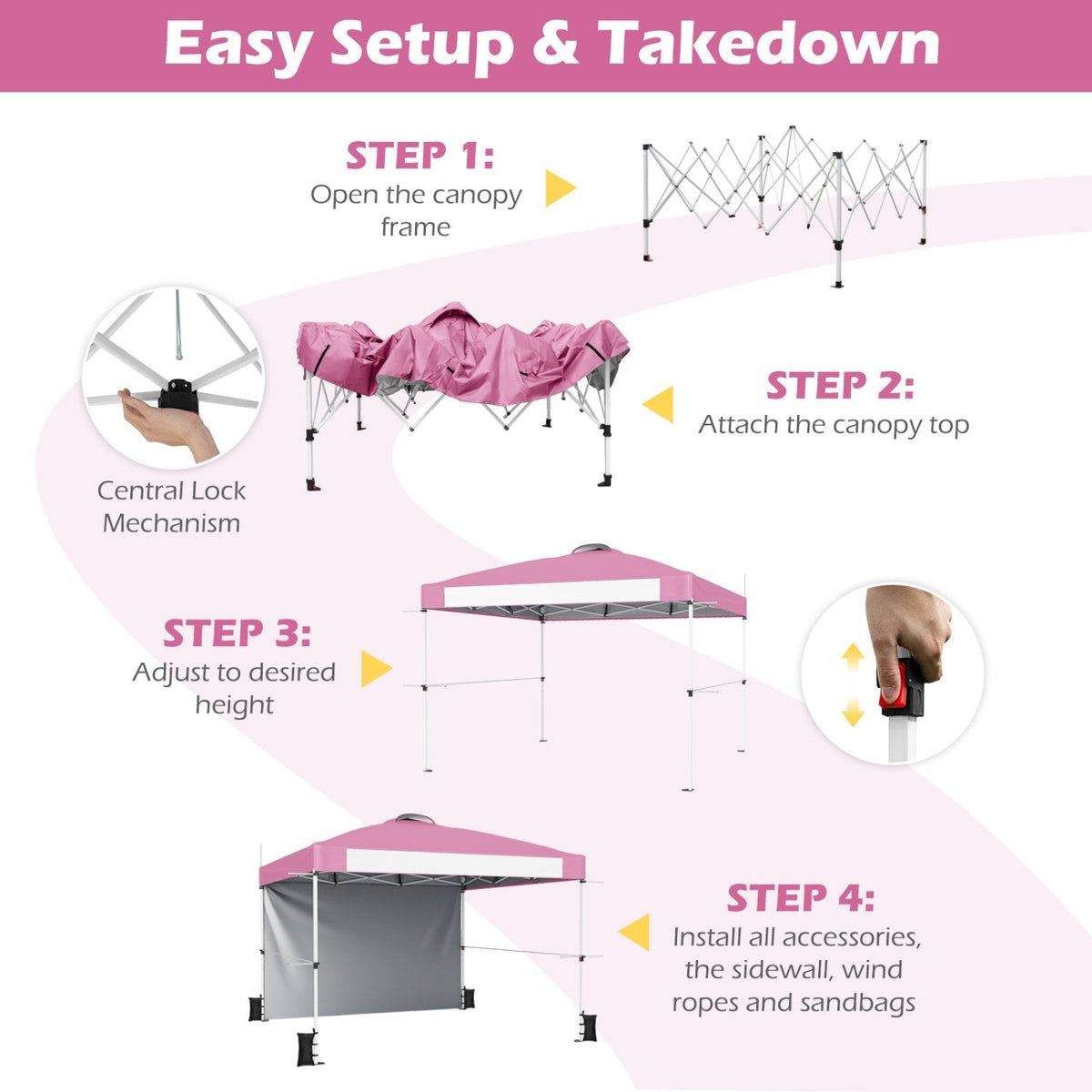 Auvent escamotable commercial 3x3 m avec sac à roulettes et bande de bannière - Rose
