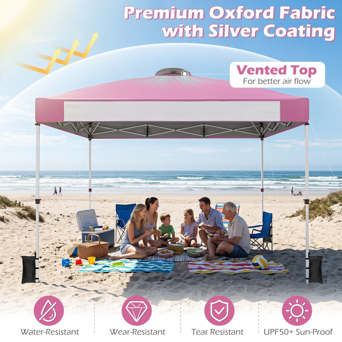 Auvent escamotable commercial 3x3 m avec sac à roulettes et bande de bannière - Rose