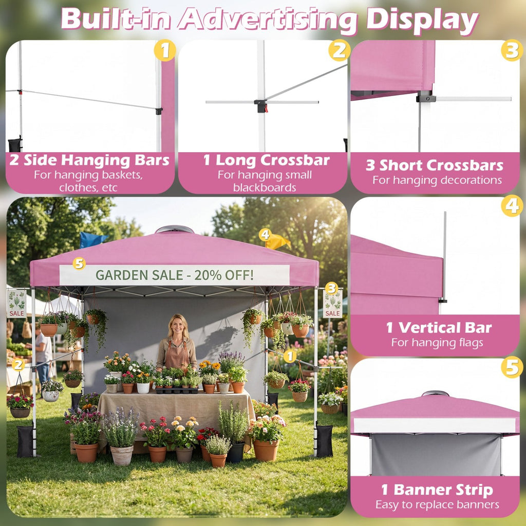 Auvent escamotable commercial 3x3 m avec sac à roulettes et bande de bannière - Rose