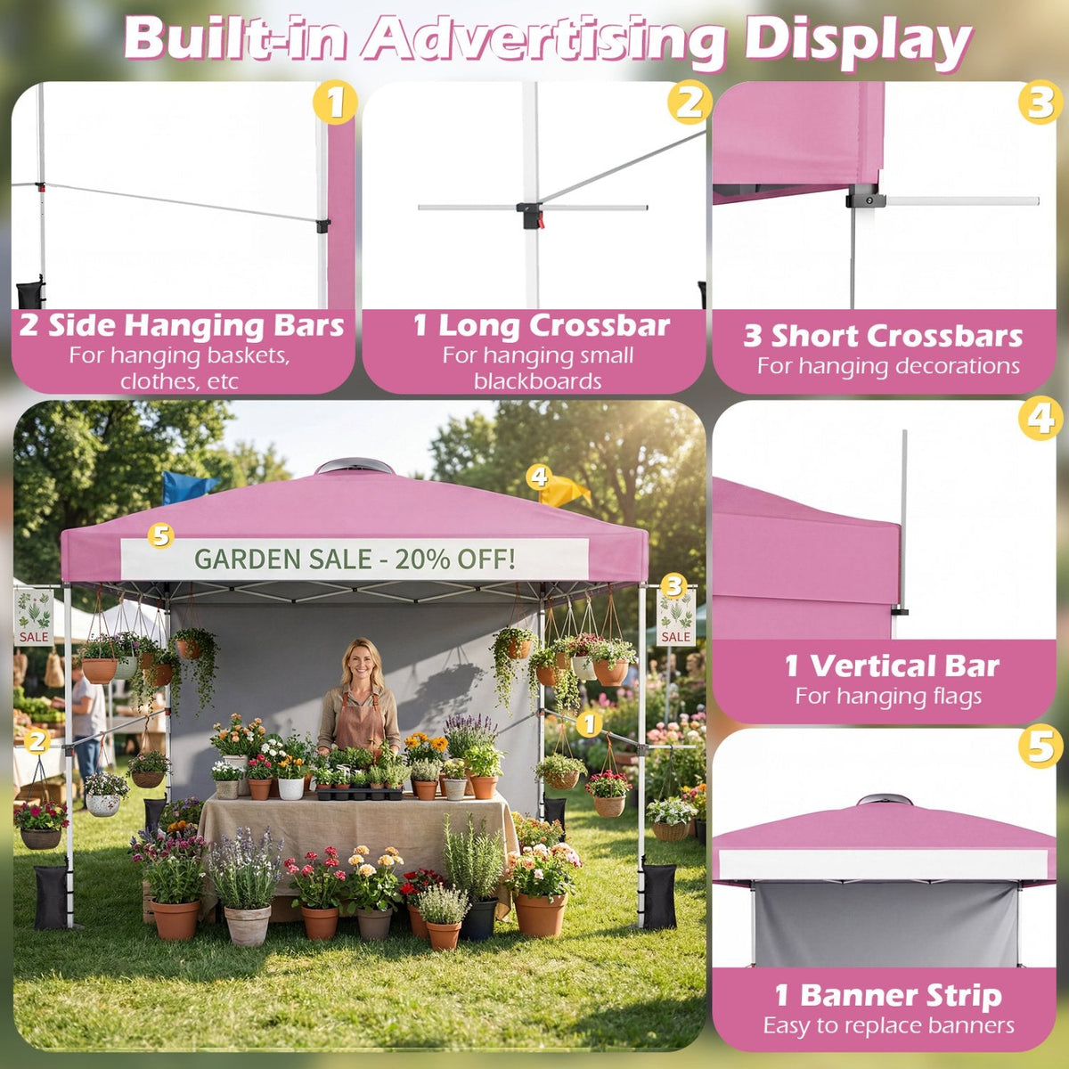Auvent escamotable commercial 3x3 m avec sac à roulettes et bande de bannière - Rose