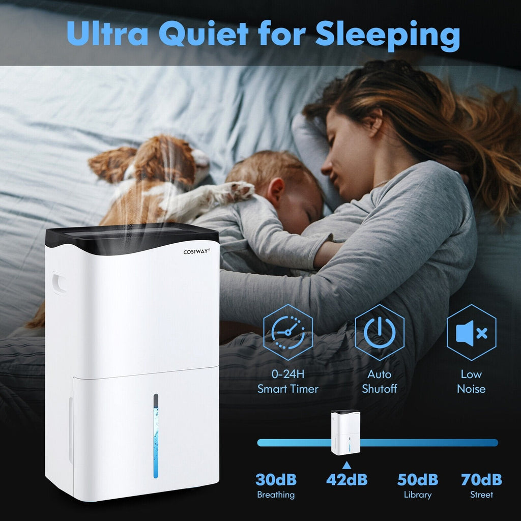 Déshumidificateur Wi-Fi intelligent 100 pint avec contrôle par application et Alexa, réservoir de 1,3 gallon, dégivrage automatique, blanc