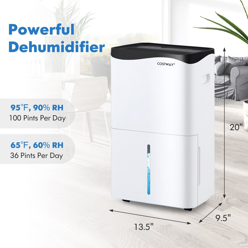Déshumidificateur Wi-Fi intelligent 100 pint avec contrôle par application et Alexa, réservoir de 1,3 gallon, dégivrage automatique, blanc