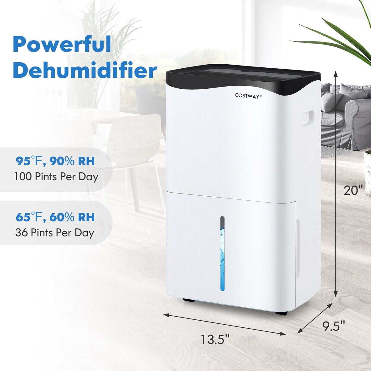 Déshumidificateur Wi-Fi intelligent 100 pint avec contrôle par application et Alexa, réservoir de 1,3 gallon, dégivrage automatique, blanc