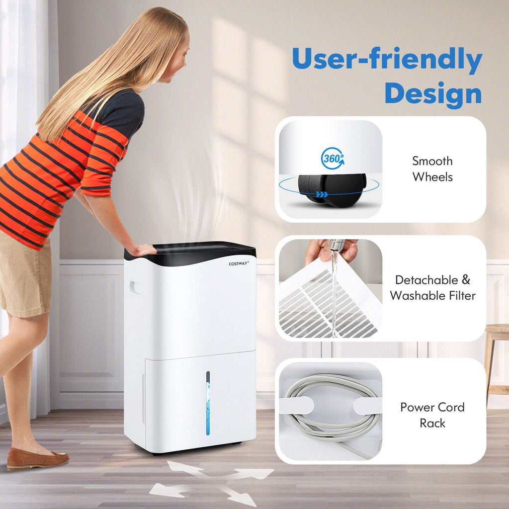 Déshumidificateur Wi-Fi intelligent 100 pint avec contrôle par application et Alexa, réservoir de 1,3 gallon, dégivrage automatique, blanc