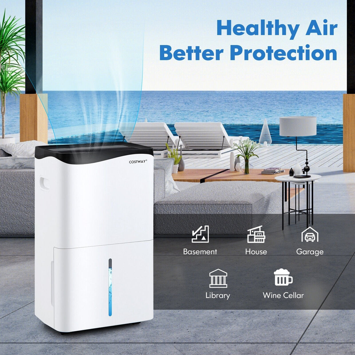 Déshumidificateur Wi-Fi intelligent 100 pint avec contrôle par application et Alexa, réservoir de 1,3 gallon, dégivrage automatique, blanc