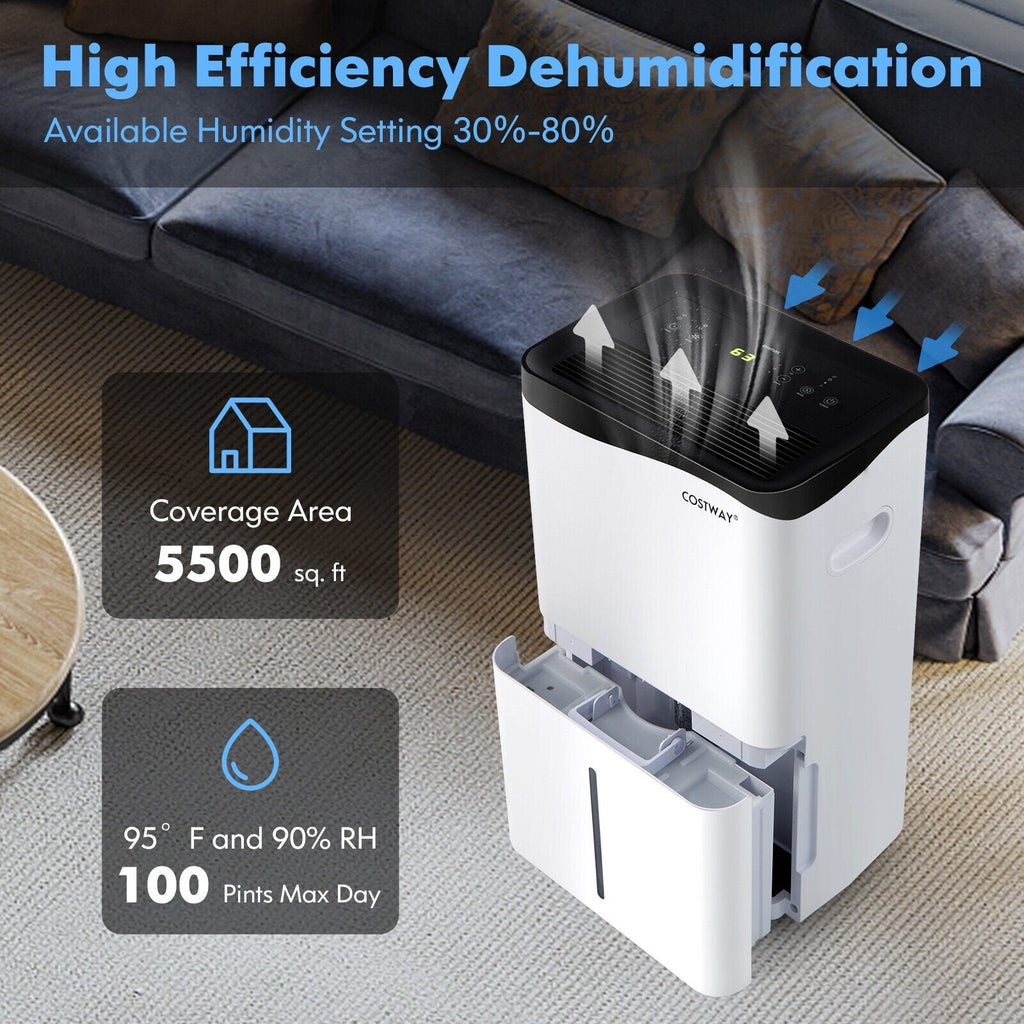 Déshumidificateur Wi-Fi intelligent 100 pint avec contrôle par application et Alexa, réservoir de 1,3 gallon, dégivrage automatique, blanc