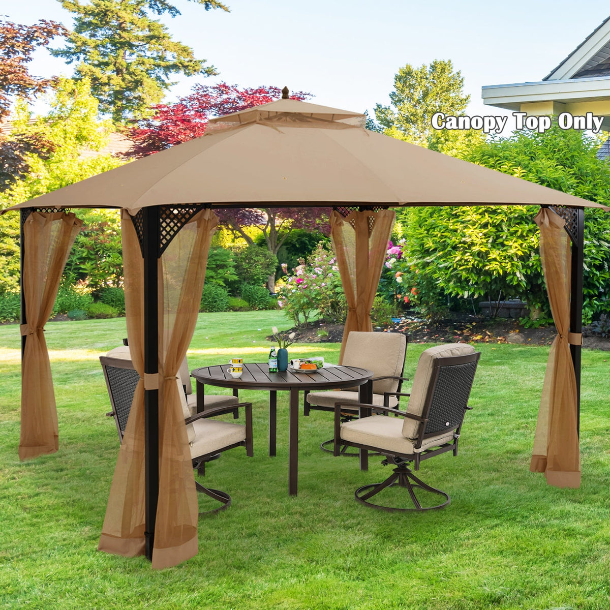 Toit de remplacement pour kiosque de jardin 3 x 3,6 m avec évents et trous de drainage – Marron