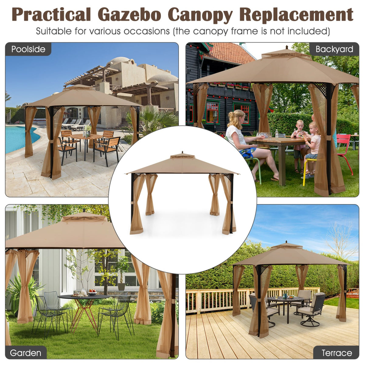 Toit de remplacement pour kiosque de jardin 3 x 3,6 m avec évents et trous de drainage – Marron