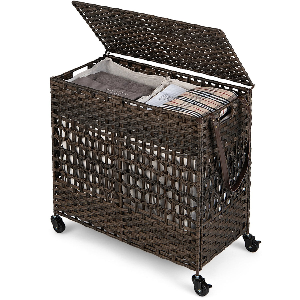 Panier à linge 110 L à 2 sections avec 2 sacs de doublure amovibles et lavables - Marron