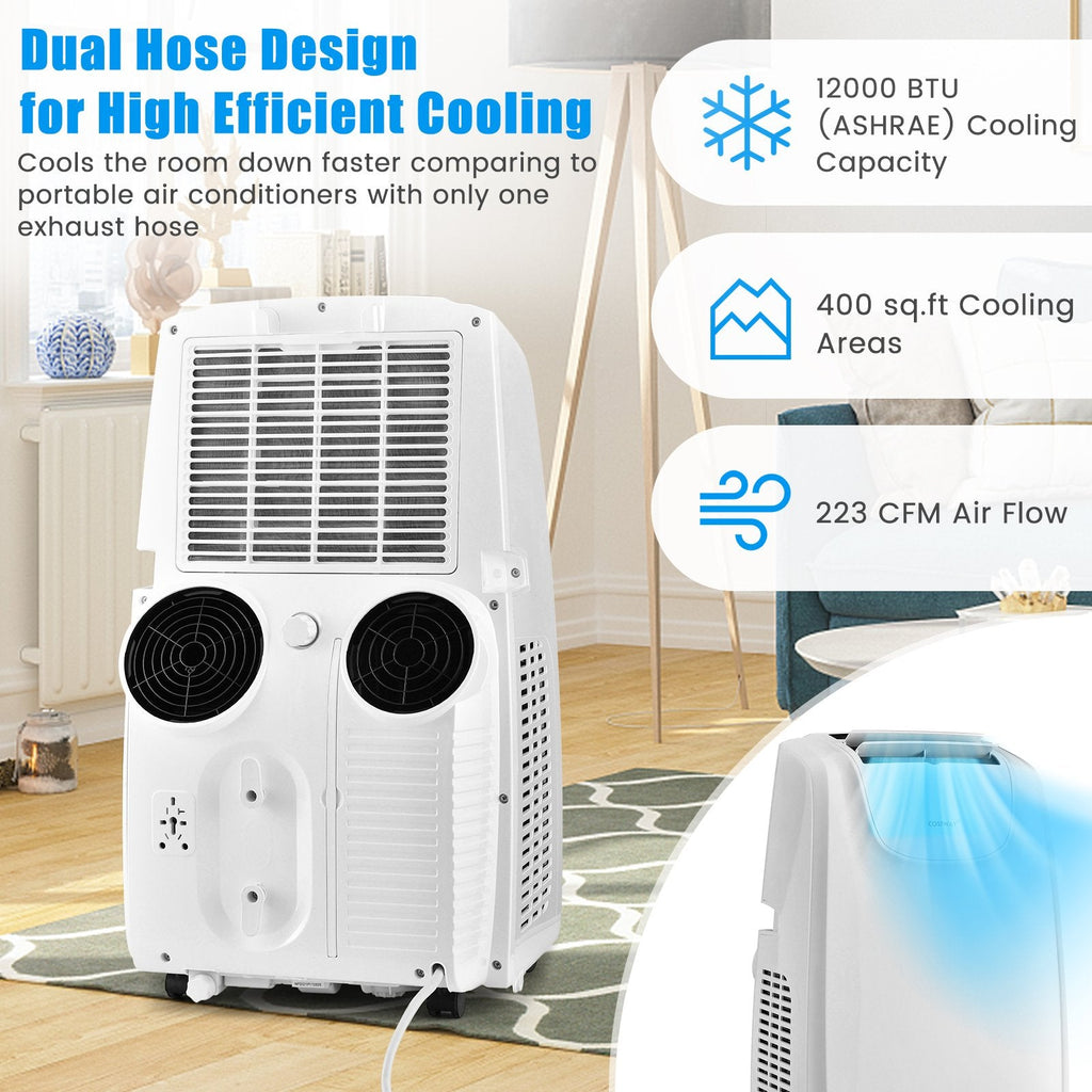 Aire acondicionado portátil de doble manguera de 12 000 BTU con control remoto, blanco, 400 pies²