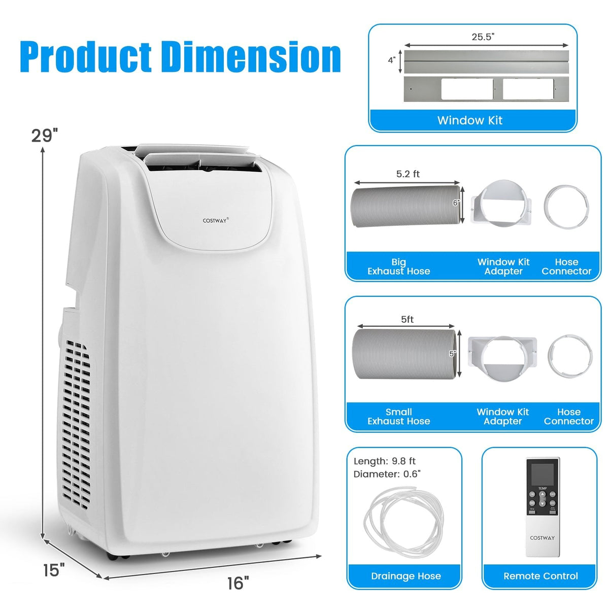 12000 BTU Dual Hose Portable Air Conditioner with Remote Control, White, 400 sq ft