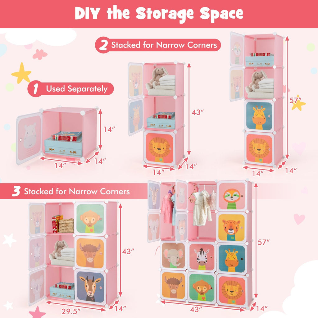 12 cubes armoire d'enfant avec penderie et portes-Rose