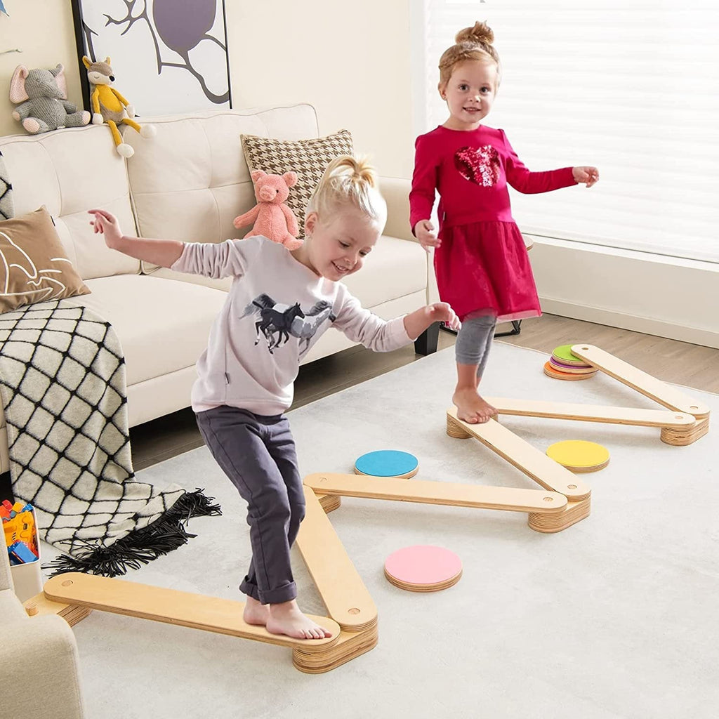 Poutre d'équilibre en bois 12 pièces pour enfants avec pierres de gué colorées