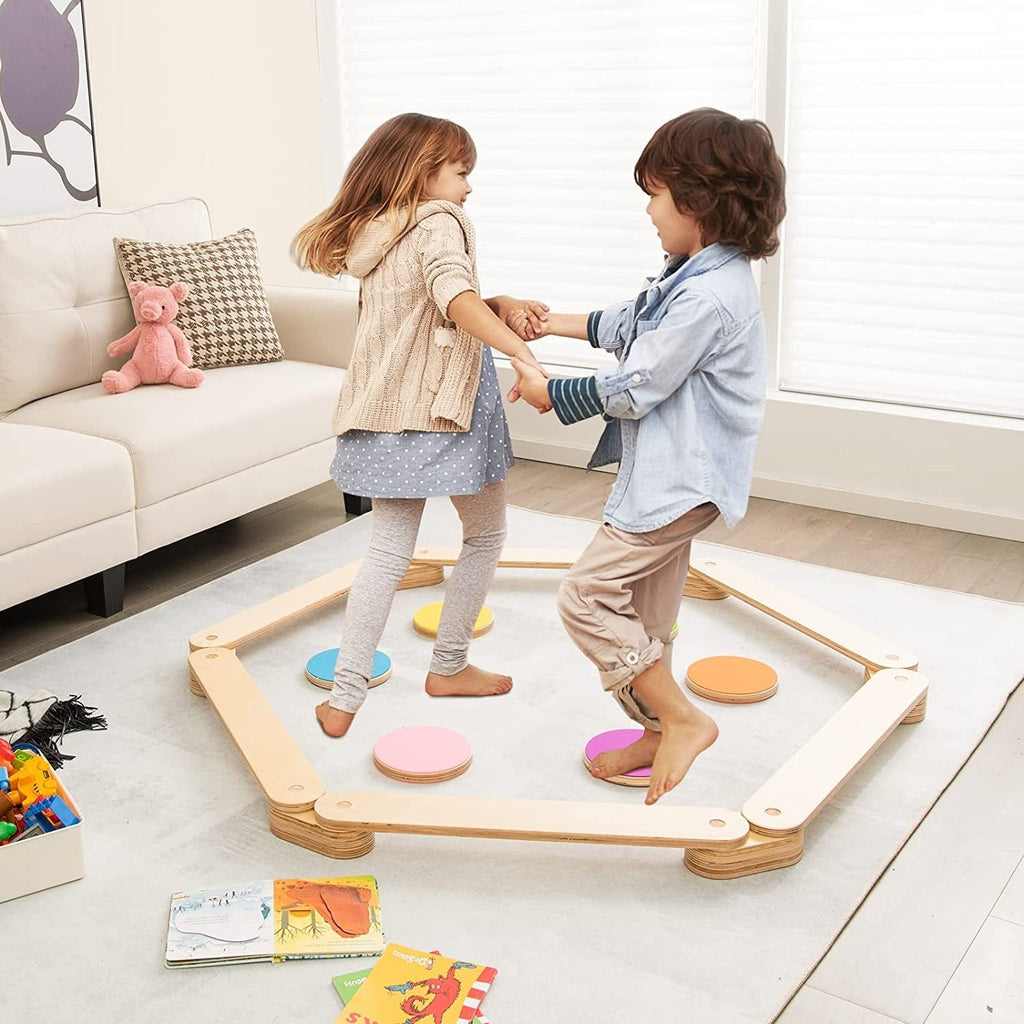 Poutre d'équilibre en bois 12 pièces pour enfants avec pierres de gué colorées