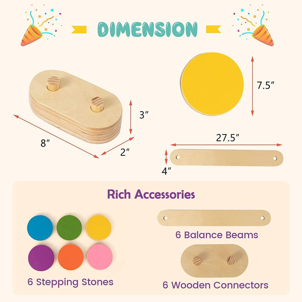 Poutre d'équilibre en bois 12 pièces pour enfants avec pierres de gué colorées