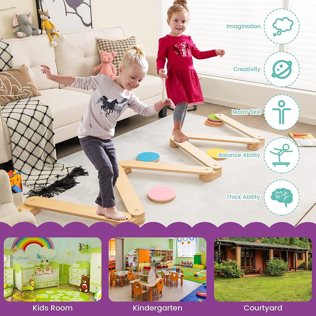 Poutre d'équilibre en bois 12 pièces pour enfants avec pierres de gué colorées