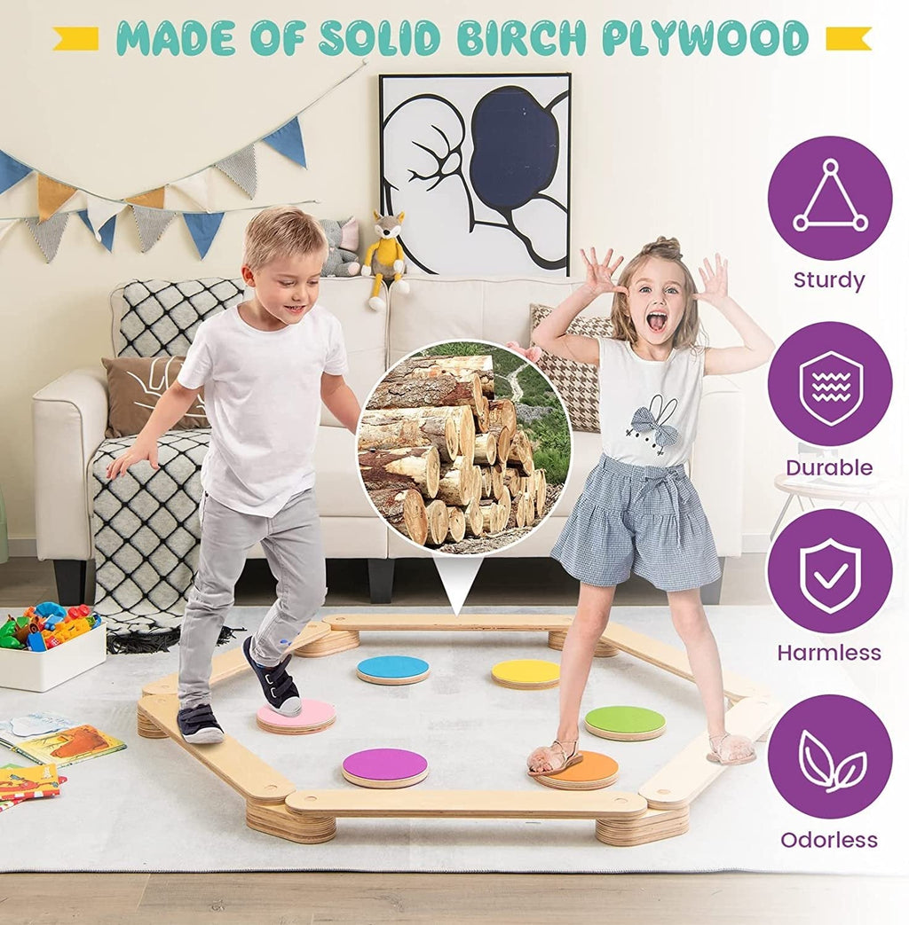 Poutre d'équilibre en bois 12 pièces pour enfants avec pierres de gué colorées