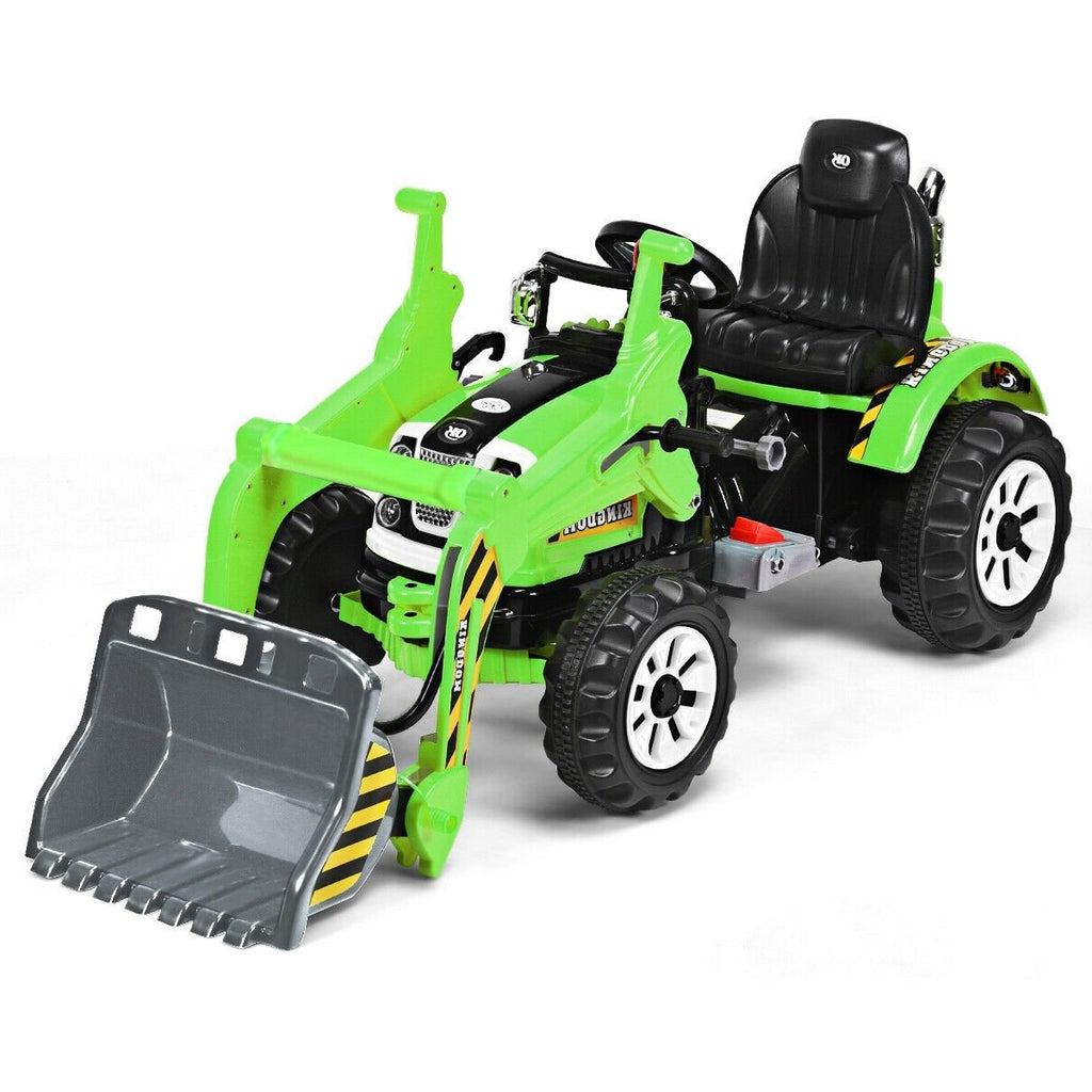 12V Kinder-Bagger zum Fahren mit funktionierendem Frontlader und Kippschaufel, Sicherheitsgurt und 2 Geschwindigkeitsstufen, 150 cm, Grün