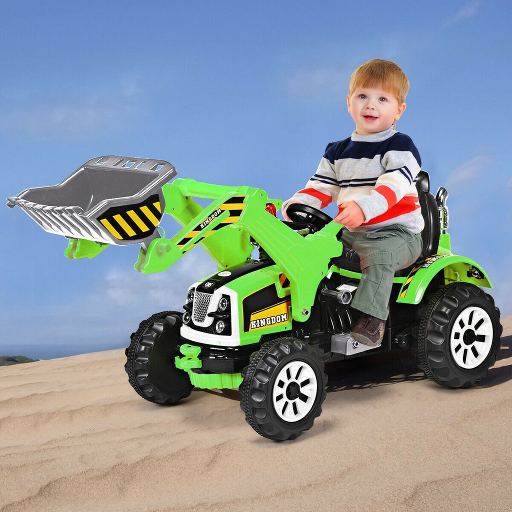 12V Kinder-Bagger zum Fahren mit funktionierendem Frontlader und Kippschaufel, Sicherheitsgurt und 2 Geschwindigkeitsstufen, 150 cm, Grün