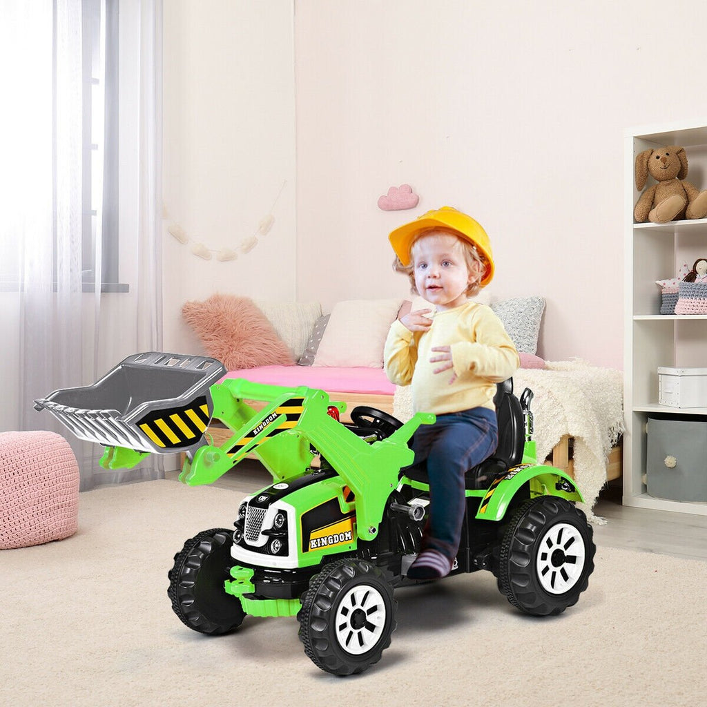 12V Kinder-Bagger zum Fahren mit funktionierendem Frontlader und Kippschaufel, Sicherheitsgurt und 2 Geschwindigkeitsstufen, 150 cm, Grün
