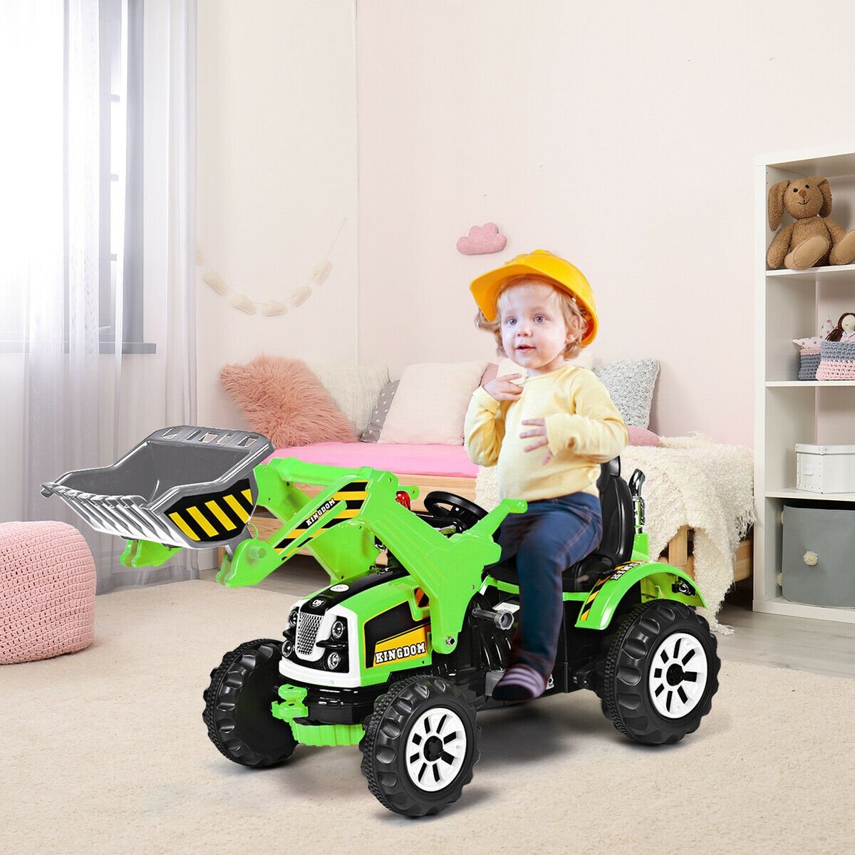 12V Kids Ride On Digger Truck with Working Front Loader and Tipping Bucket, Seat Belt and 2 Speeds, 59 Inch, Green