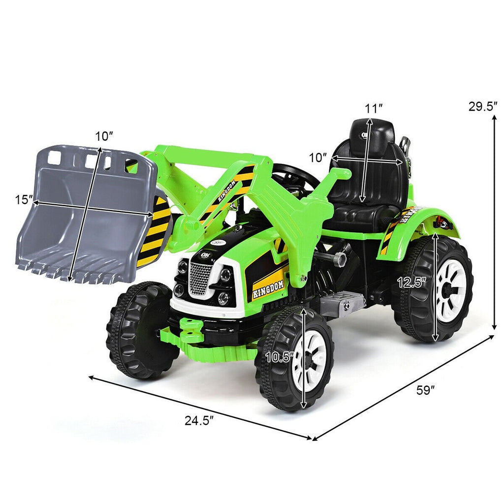 12V Kinder-Bagger zum Fahren mit funktionierendem Frontlader und Kippschaufel, Sicherheitsgurt und 2 Geschwindigkeitsstufen, 150 cm, Grün