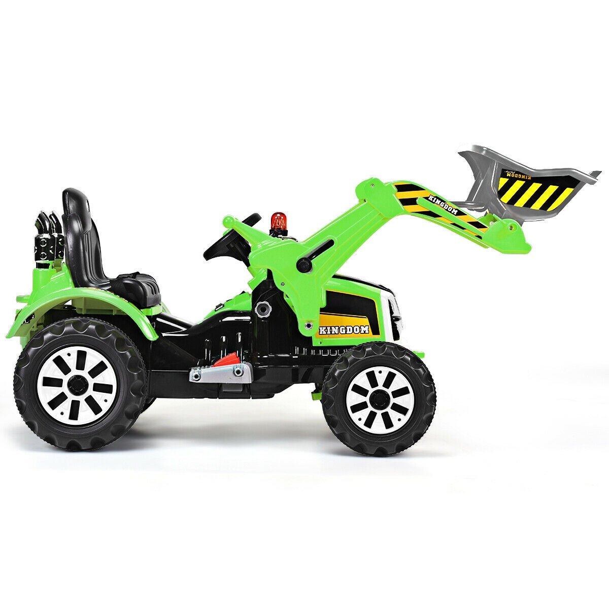12V Kinder-Bagger zum Fahren mit funktionierendem Frontlader und Kippschaufel, Sicherheitsgurt und 2 Geschwindigkeitsstufen, 150 cm, Grün
