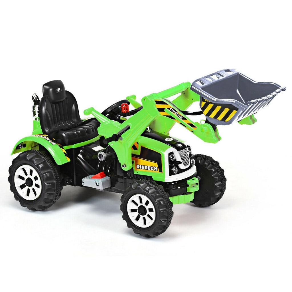12V Kinder-Bagger zum Fahren mit funktionierendem Frontlader und Kippschaufel, Sicherheitsgurt und 2 Geschwindigkeitsstufen, 150 cm, Grün