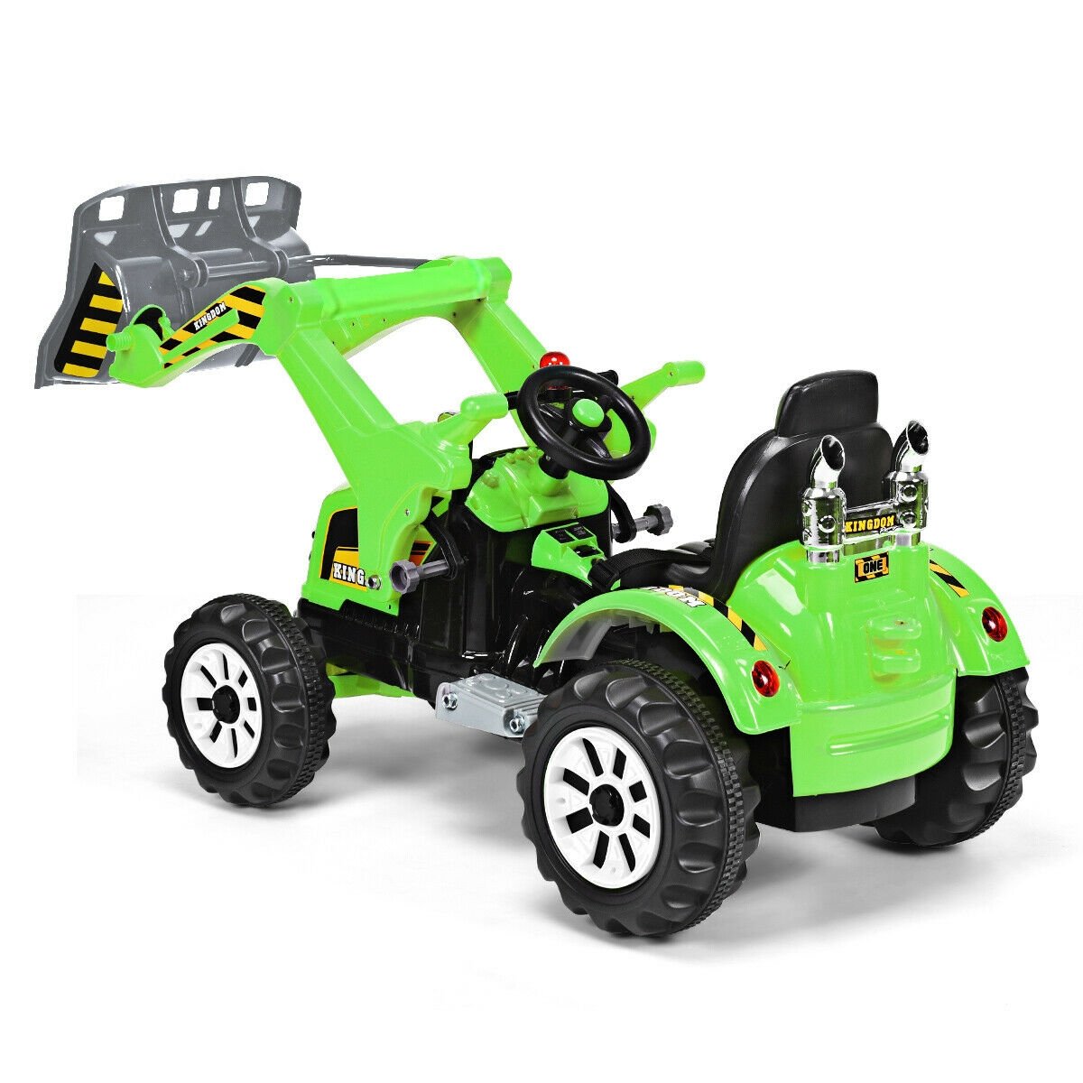 12V Kinder-Bagger zum Fahren mit funktionierendem Frontlader und Kippschaufel, Sicherheitsgurt und 2 Geschwindigkeitsstufen, 150 cm, Grün
