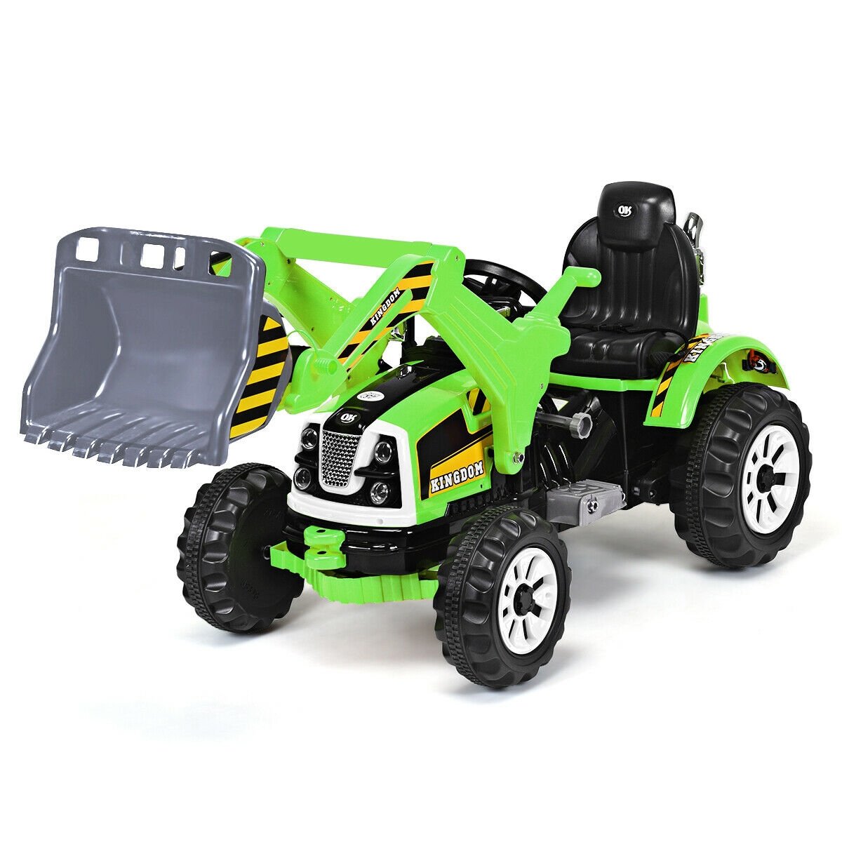 12V Kinder-Bagger zum Fahren mit funktionierendem Frontlader und Kippschaufel, Sicherheitsgurt und 2 Geschwindigkeitsstufen, 150 cm, Grün