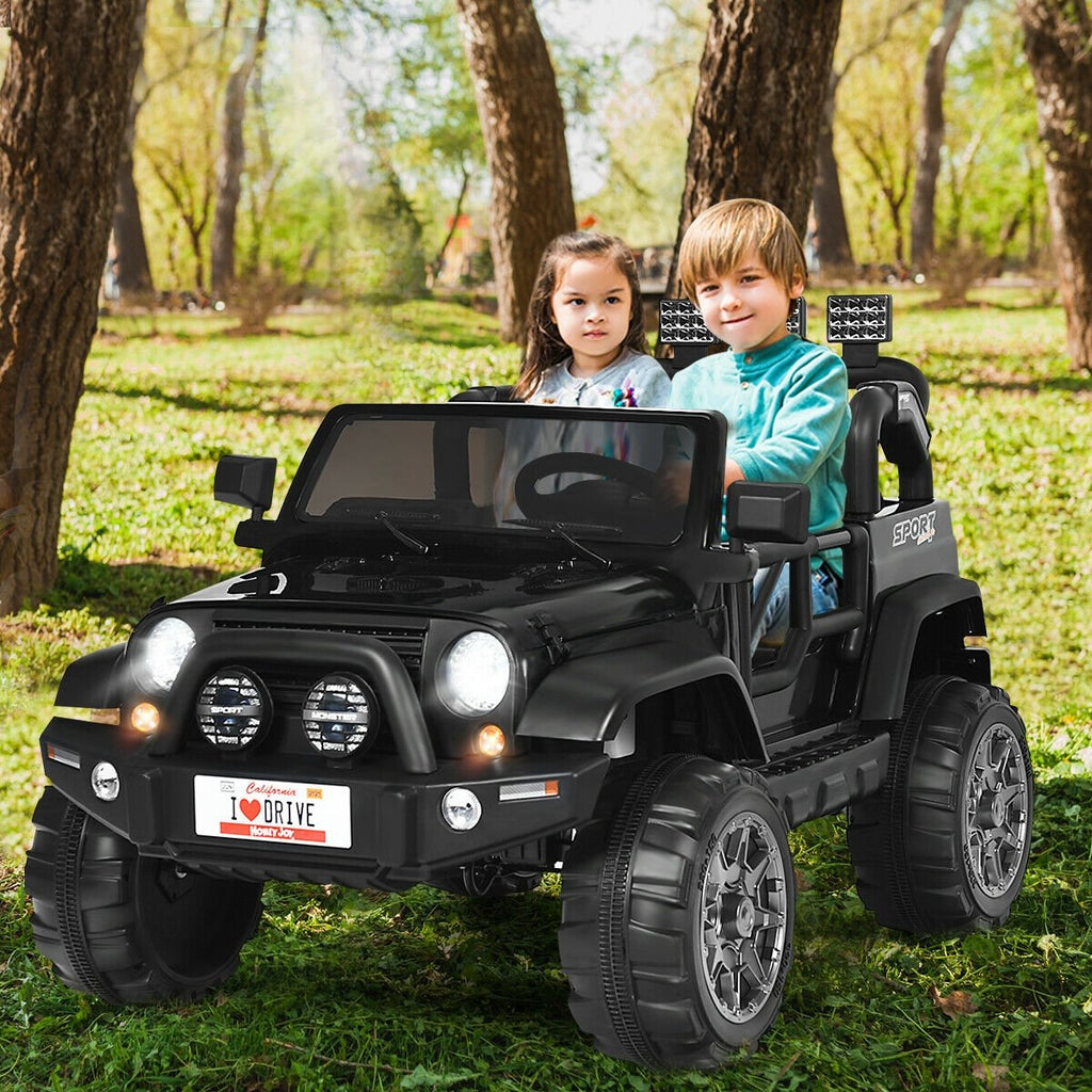 12V 2-Sitzer Kinder-Elektroauto mit Dach-Lichtleiste, Eltern-Fernbedienung, Hinterradfederung und Stauraum, 50 kg Traglast, Schwarz