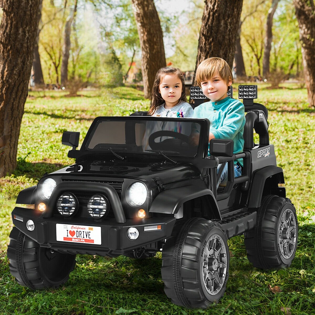 12V 2-Sitzer Kinder-Elektroauto mit Dach-Lichtleiste, Eltern-Fernbedienung, Hinterradfederung und Stauraum, 50 kg Traglast, Schwarz