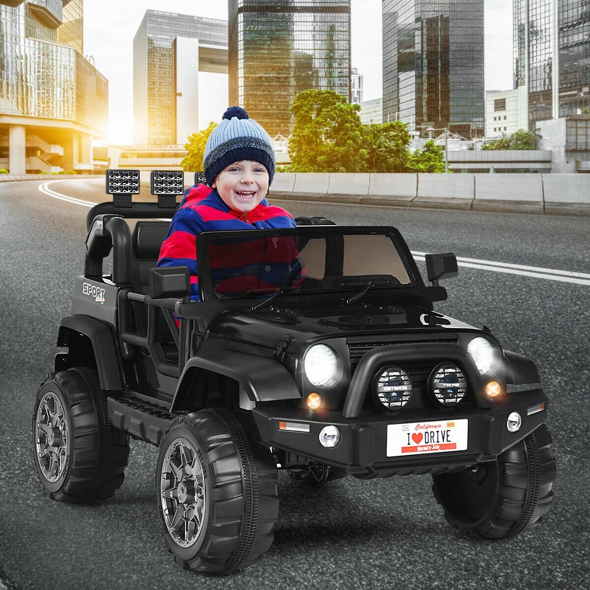 12V 2-Sitzer Kinder-Elektroauto mit Dach-Lichtleiste, Eltern-Fernbedienung, Hinterradfederung und Stauraum, 50 kg Traglast, Schwarz