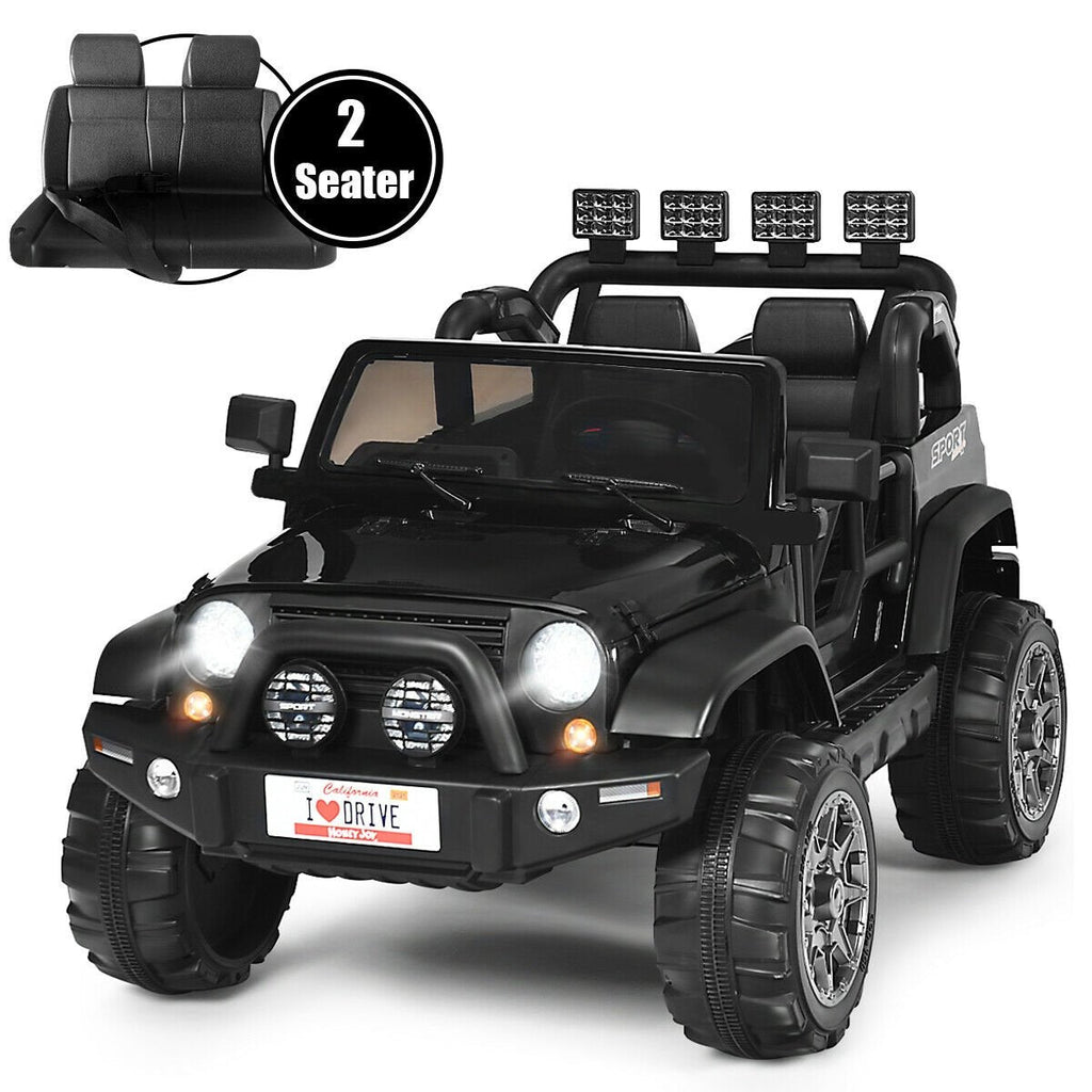 12V 2-Sitzer Kinder-Elektroauto mit Dach-Lichtleiste, Eltern-Fernbedienung, Hinterradfederung und Stauraum, 50 kg Traglast, Schwarz