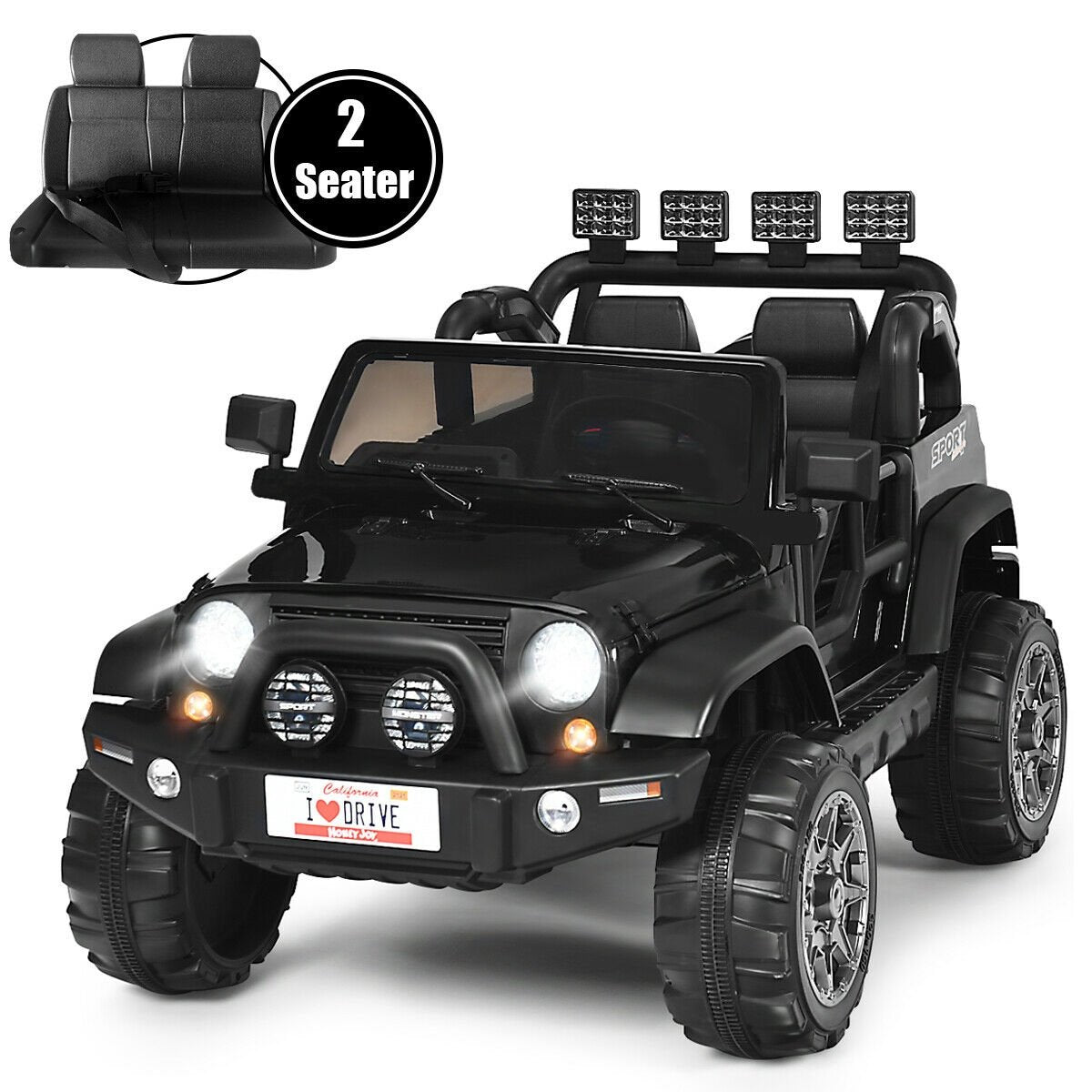 12V 2-Sitzer Kinder-Elektroauto mit Dach-Lichtleiste, Eltern-Fernbedienung, Hinterradfederung und Stauraum, 50 kg Traglast, Schwarz