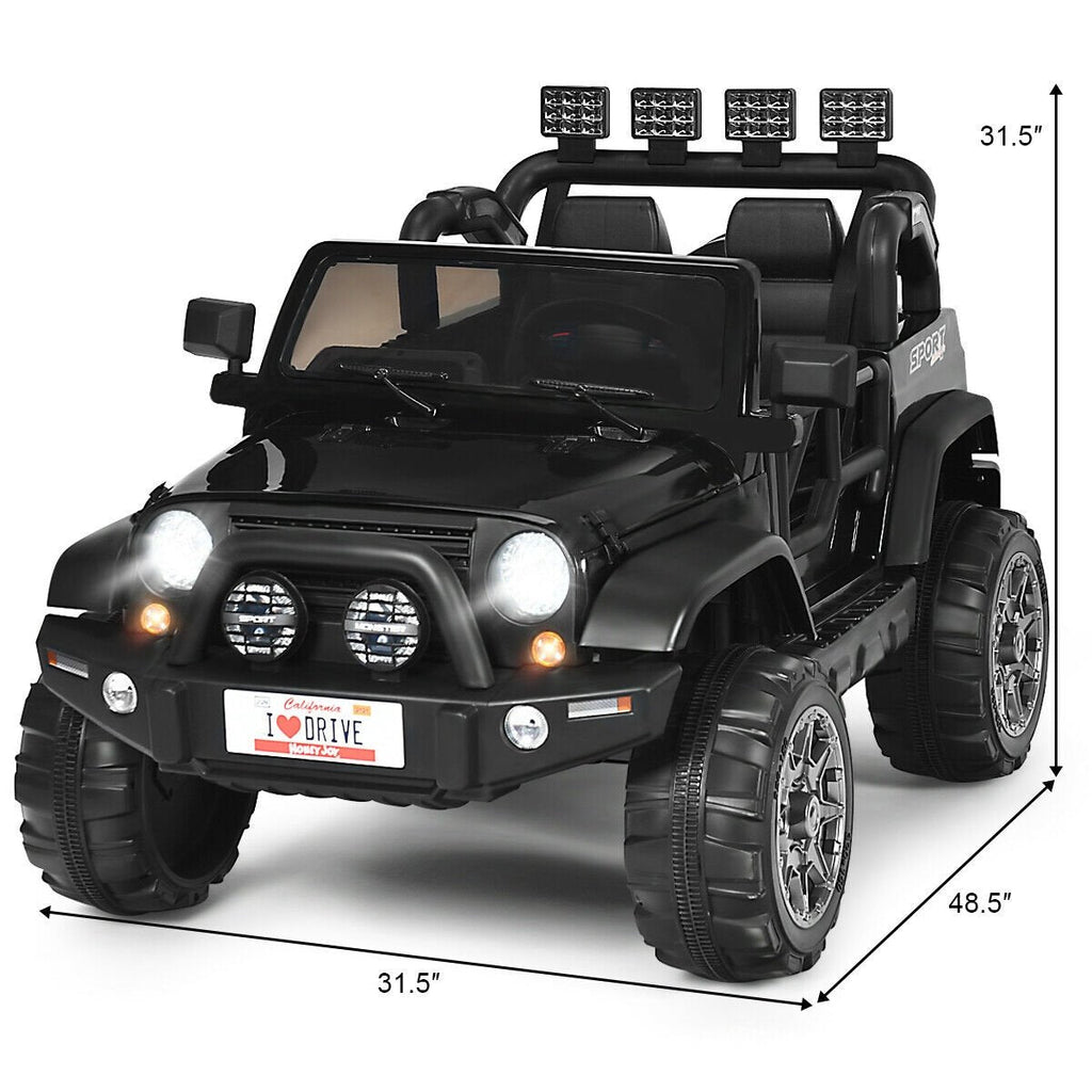 12V 2-Sitzer Kinder-Elektroauto mit Dach-Lichtleiste, Eltern-Fernbedienung, Hinterradfederung und Stauraum, 50 kg Traglast, Schwarz