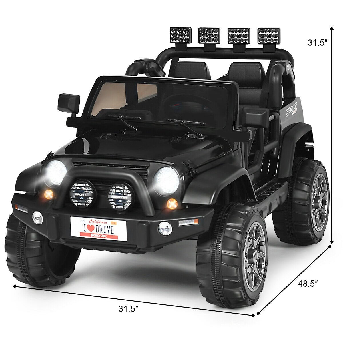 12V 2-Sitzer Kinder-Elektroauto mit Dach-Lichtleiste, Eltern-Fernbedienung, Hinterradfederung und Stauraum, 50 kg Traglast, Schwarz