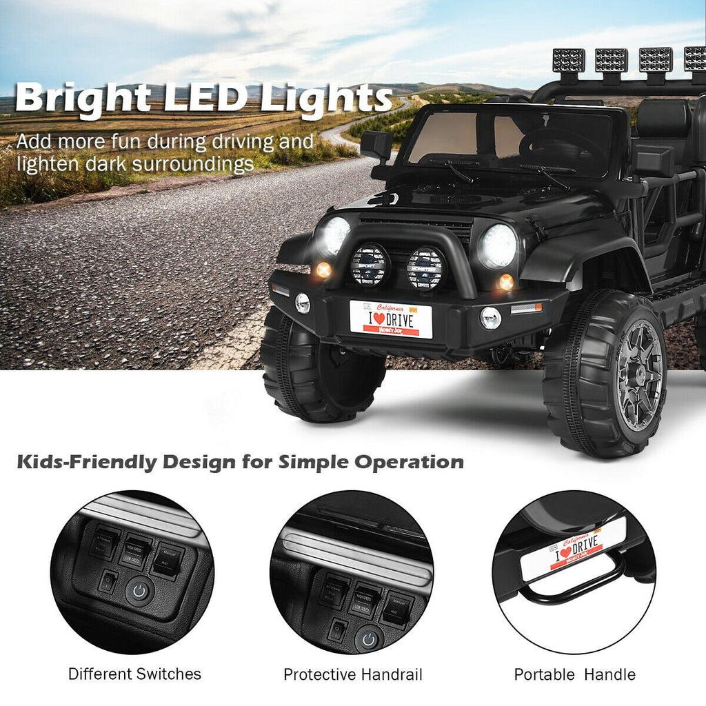 12V 2-Sitzer Kinder-Elektroauto mit Dach-Lichtleiste, Eltern-Fernbedienung, Hinterradfederung und Stauraum, 50 kg Traglast, Schwarz