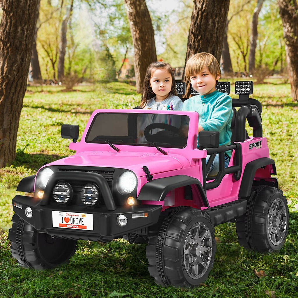 12V Kinder-Elektro-Truck für 2 Kinder mit abschließbaren Türen, Haltegriff, 48 cm Sitzbank und Fernbedienung, 50 kg Tragkraft, Pink